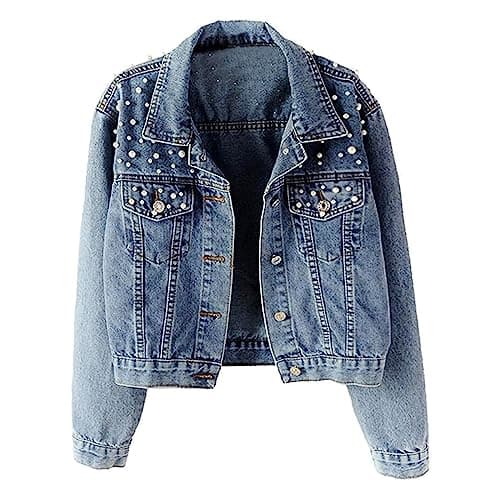 Image of sandbank Women's Vintage Jeans Denim Jacket Pearls Beading Long Sleeve Coat