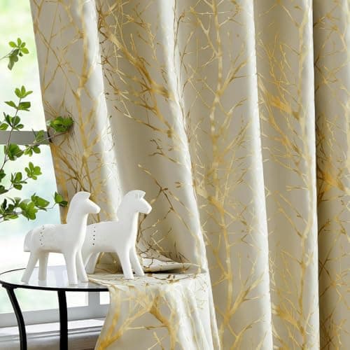 Image of Fmfunctex Blackout Thermal Curtains for Bedroom 72 Inch Drop Beige Gold Eyelet Curtains for Living Room Branch Foil Print Room Darkening Energy Saving Window Curtain Drapes 2 Panels