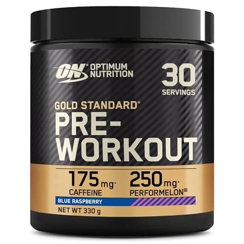 Image of Optimum Nutrition Gold Standard Pre Workout Powder, Energy Drink with Creatine Monohydrate, Beta Alanine, Caffeine and Vitamin B Complex, Food Supplement, Blue Raspberry Flavour, 30 Servings, 330 g