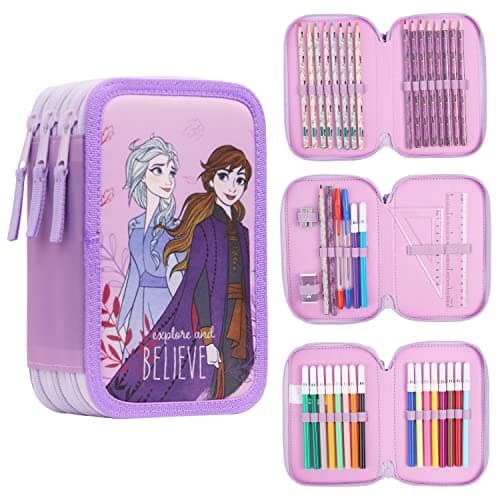 Image of Disney Filled Pencil Case with Stationery for Kids, School Supplies Colouring Pencils, Markers - Gifts for Girls (Pink Frozen Triple Zip)