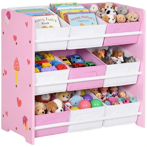 Image of ZONEKIZ Kids Storage Unit Toy Box Organiser Bookshelf w/Nine Removable Baskets, for Bedroom, Nursery, Playroom - Pink