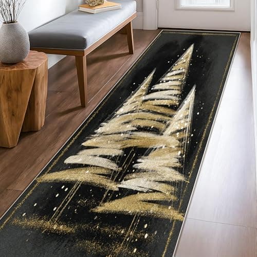 Image of Christmas Trees Runner Rug, Festive Modern Stars Gold Accents Xmas Black Low Pile Soft Rectangle Carpet Stain Resistant for Kitchen Entryway Bedside Laundry Decor 2x8 Ft