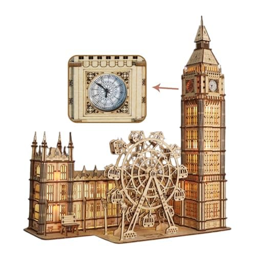 Image of Music Park 3D Puzzles Big Ben Real Clock With Night Light Wooden Model Kits for Adults To Build Ferris Wheel Craft Christmas And Birthday Gifts Home Decoration