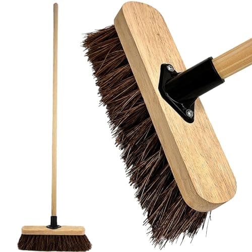 Image of 10” Outdoor Garden Broom with Wooden Handle Natural Stiff Bassine Hard Bristle with Durable Support Bracket Yard Brush Heavy Duty Broom Outdoor Cleaning Sweeping (PACK OF 1)