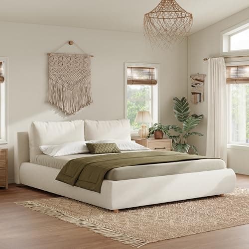 Image of Merax 4ft6 Double Ottoman Storage Bed Frame, Double Upholstered Bed Cloud Bed with 2 Removable Cushions Headboard, Boucle Fabric, Warm White/135x190cm