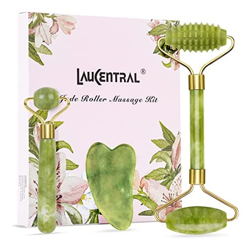 Image of 【3 PCS】Jade Roller & Gua Sha Massage Kits, LauCentral Natural Anti-Aging Face Roller for Eye Puffiness Treatment, Skin Tightening, Rejuvenate Face & Neck, Natural Green Massager