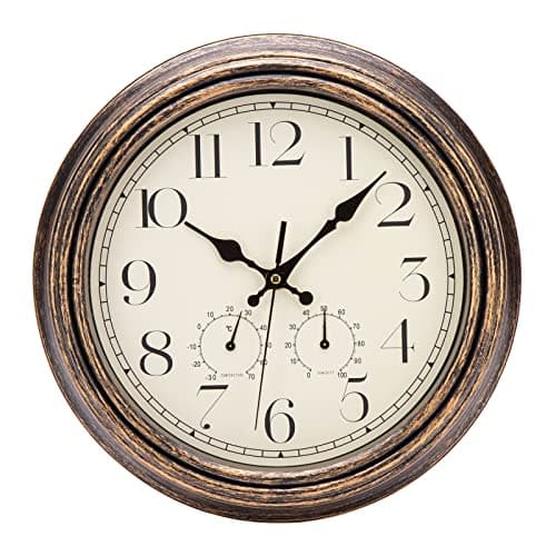 Image of ACCSHINE 12Inch Wall Clock with Temperature and Humidity Silent Non Ticking Kitchen Clock Battery Operated Decorative Large Vintage Wall Clocks for Living room, Kitchen, Bedroom, Office, Brown