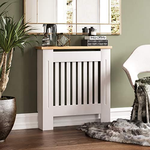 Image of Vida Designs Arlington Radiator Cover White - Small - Modern Shaker Style Vertical Slat Design For Optimal Heat Circulation - H83.3xW78xD19cm - Painted MDF Cabinet with Wood Top Shelf