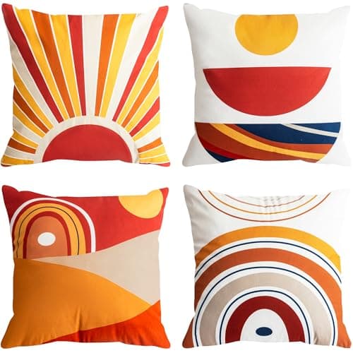 Image of YUMYDG Set of 4 Cushion Covers 45 x 45cm Mid Century Bohemian Sun Moon and Rainbow Minimalist Geometric Abstract Decorative Pillow Cases Home Decor Standard Square Cushion Cover 18x18 Inches