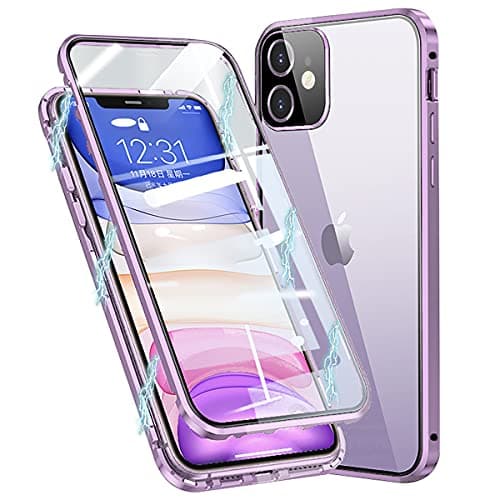 Image of MOSSTAR Case for iPhone 12 Mini Magnetic Cover 360 Degree Full Body Protective [with Camera Lens Protection] Metal Bumper Front and Back Transparent Tempered Glass Thin Case, Purple