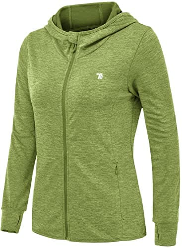 Image of donhobo Women's Running Jackets with Thumb Hole,Long Sleeve Gym Sport Zip Up Hoodie Top Breathable Quick-Dry Tops with Zip Side Pocket Green M