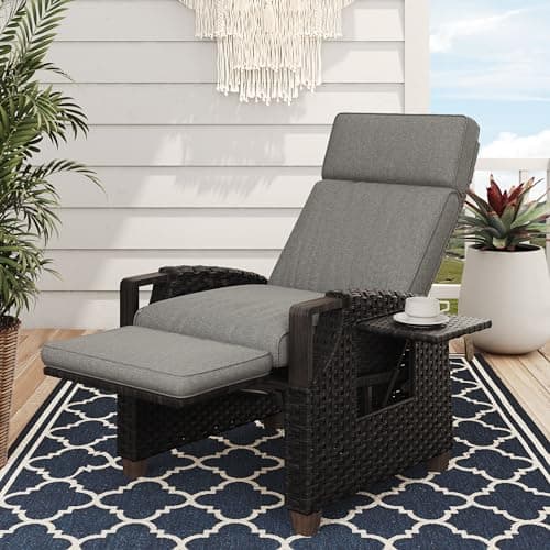 Image of Grand patio Recliner Sun Lounger for Garden, Adjustable Backrest Armchair with Flip Table and Cushion, Rattan Garden Chair Lounge Chair for Yard, Patio, Outdoor - Dark Gray Cushion & Brown Wicker