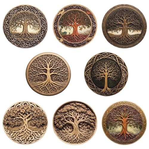 Image of 2D Flat Tree of Life Coasters Set of 8,Non-Slip Cork Coasters,Round Wooden Drink Coasters for Table Protection and Home Decoration (10x10cm)