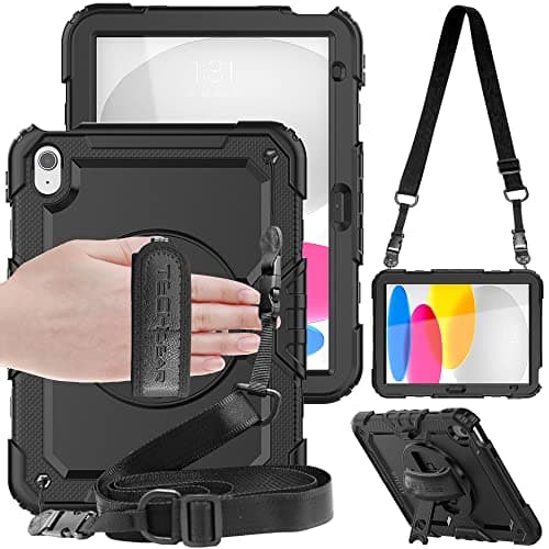 Image of TECHGEAR UTILITY Case for iPad 11" A16 (11th Gen 2025) & 10.9" (10th 2022), Rugged Heavy Duty Shockproof Cover Screen Protection, 360 Stand, Hand & Shoulder Strap - for Work, School, Travel etc- Black