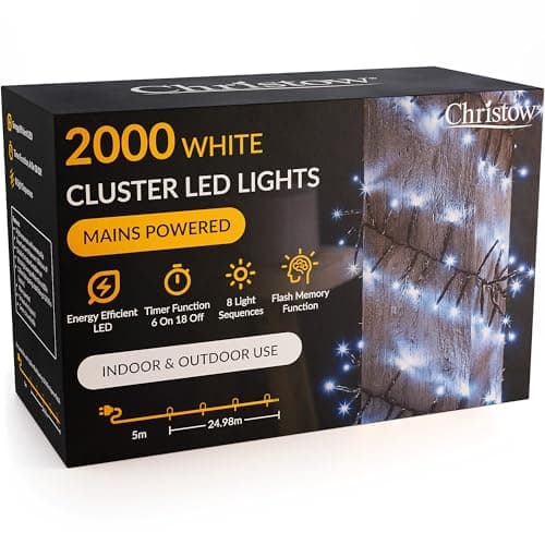 Image of CHRISTOW 2000 LED Cluster Christmas Tree Lights, White Fairy Lights with Timer, 8 Light Modes, Energy Efficient 3mm Micro LEDs, Indoor & Outdoor, Mains Powered, Green Cable, 24.97m Lit Length