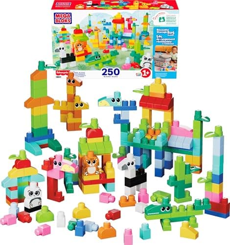 Image of MEGA BLOKS Fisher-Price Toddler Building Toy, Animal Blocks with 250 Pieces and Reusable Storage Bag, Kids Ages 1+ Years, JCF93