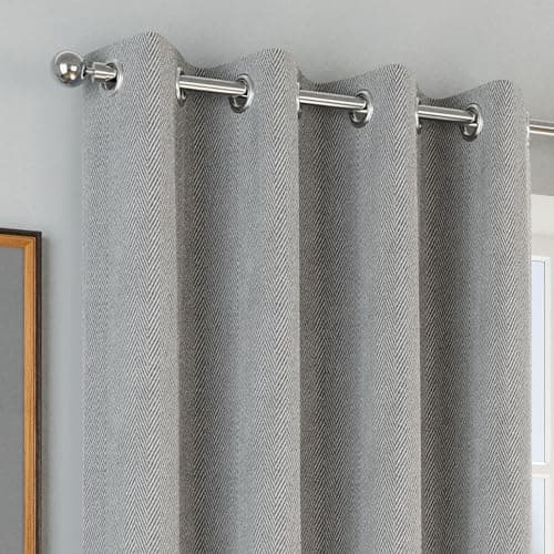 Image of Enhanced Living Chester Premium Herringbone 2 Tone Grey Blackout Curtains - 66x54 inch (168x137cm) - Jacquard Heavyweight Eyelet Curtains for Living Room - 2 x Curtain Panels
