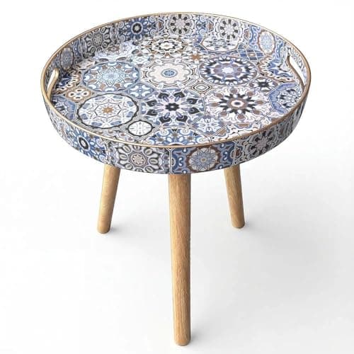 Image of Simmer Stone Marble Round Indoor Side Tables with Detachable Wooden 3 Legs, Versatile Tray Table, Perfect For Round Coffee Table Tea, and Relaxation Time (15 Inch- Bohemian)