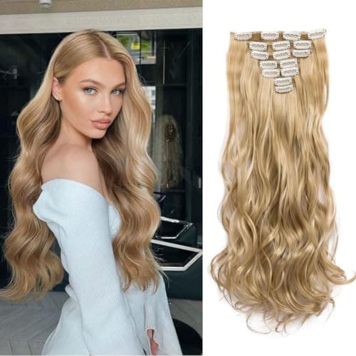 Image of Swy Hair Clip in Hair Extensions Body Wave 22 inches 7Pcs 150g Straight Hair Synthetic Hair Extensions (W-Golden Blonde, Wavy)