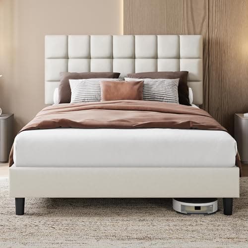 Image of Yaheetech King Upholstered Bed Frame with Adjustable Square Tufted Headboard/Linen Fabric/Sturdy Wooden Slat Support/No Box Spring Needed, 5ft Beige
