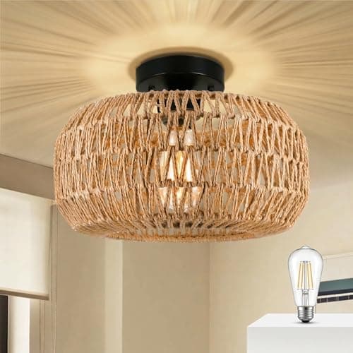 Image of SERBASIC Rattan Ceiling Lights Boho Chandeliers with Bulb,Livingroom Ceiling Light Fixture with E27 Base for Hallway,Kitchen,Dining Room,Bedroom
