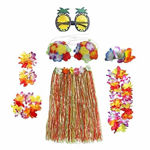 Image of 8PCS Hula Skirt Costume Hawaiian Leis Dancer Dress Set with Flower Bikini Top, Hawaiian Lei, Hibiscus Hair Clip, Pineapple for Adults Fancy Dress Supplies Party Summer Beach Tropical - Multicolor