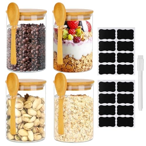 Image of Esilihom 4 Pack Glass Jars with Airtight Lid and Spoon, Storage Jars with Bamboo Lids, 500ml/17oz Overnight Oats Container, Kitchen Food Storage Canister for Coffee, Sugar, Tea, Spice, Nuts etc