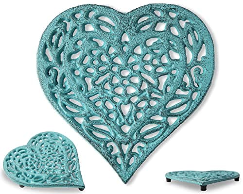 Image of Cast Iron Heart Trivet - Decorative Cast Iron Trivet For Kitchen Or Dining Table - Vintage, Rusted Design - 6.75X6.5" - With Rubber Pegs/Feet - Recycled Metal - Blue