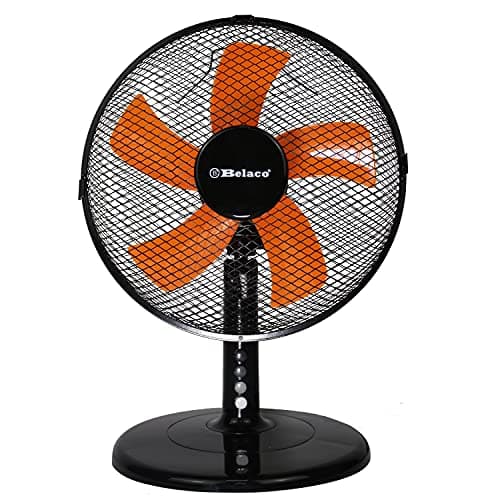 Image of Belaco 12 Inch Table Fan Upgraded 5 Blades, 3 Speed Oscillating Desk Fan, Adjustable Tilt, Quiet Cooling, Mesh Grill, for Home Bedroom Office - Black & Orange