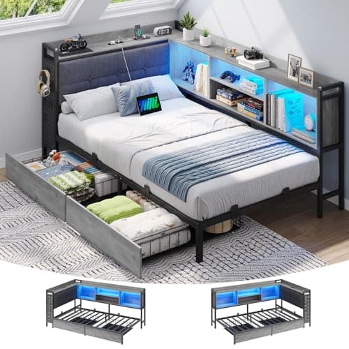 Image of Brinlawb 3ft Single Bed Frame with Upholstered Headboard, Charging Station (2 AC Sockets, 2 USB Ports) and LED Lights, Single Bed with Storage, 2 Drawers, Reversible Left/Right Hand Assembly, Grey Oak