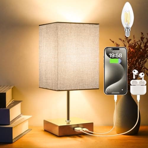 Image of Totofac Touch Bedside Table Lamp, Touch Control Table Lamp with USB-C&USB-A Charging Ports, Lamps 3 Way Dimmable, Small Lamp Grey Flaxen Fabric Shade for Bedroom,Dimmable Bulb Included