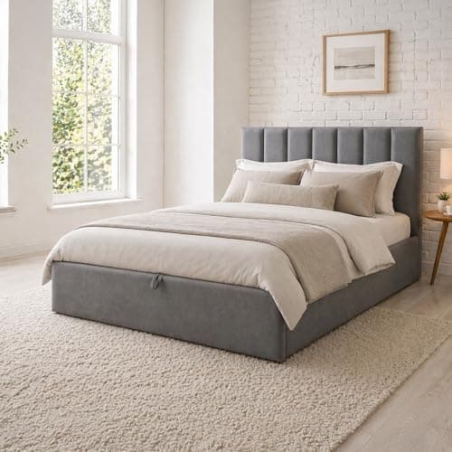 Image of SANA SLEEP 4FT Small Double Size Cotton Ottoman Gas Lift Fabric Storage Bed - Upholstered Small Double Bed with Mattress - Foot Lift Up Ottoman Bed - Grey Linen