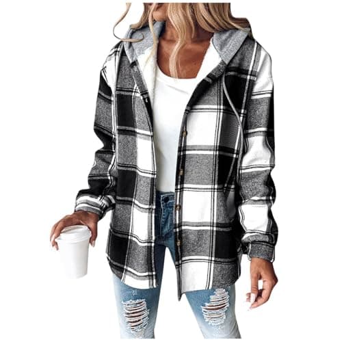 Image of Women's Flannel Jackets Plaid Tartan Check Shirts Hoodies Winter Shacket Coat Long Sleeve Button Down Outdoor Patchwork Wool Blend Autumn Winter Outfits Ladies Lumberjack Jackets