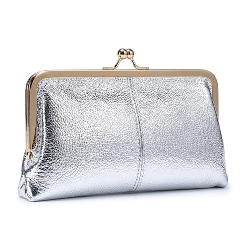 Image of TIMIFUN Vintage Kiss Lock Wallet for Women, Genuine Leather Multi-Card Slots Card Holder, Solid Color PU Clasp Clutch, Exquisite Elegant Purse for Credit Card Cash and Coin for Travel (Silver)
