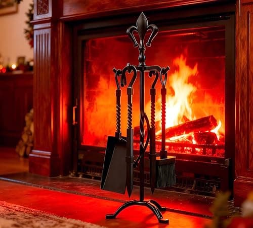 Image of Kingson 5-Piece Cast Iron Fireplace Companion Set – Black Finish – Includes Poker, Tongs, Brush, Shovel & Stand – Fireside Tool Set for Traditional Open Fireplaces – 53cm Tall