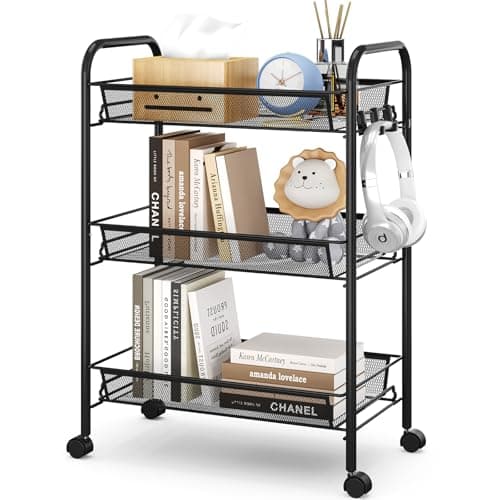 Image of APEXCHASER 3-Tier Rolling Cart,Easy Assemble Mobile Storage Trolley On Wheels,Slide Out Utility Cart Shelving Units Kitchen Bathroom Laundry Room,Black