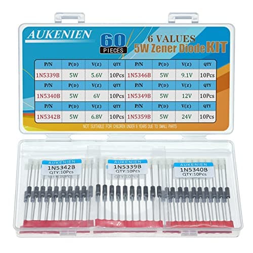 Image of AUKENIEN 5W Zener Diode Kit 6 Values 60pcs 1N5339B 5.6V 1N5340B 6V 1N5342B 6.8V 1N5346B 9.1V 1N5349B 12V 1N5359B 24V 5 Watt Zener Diodes Diodos Assortment Set