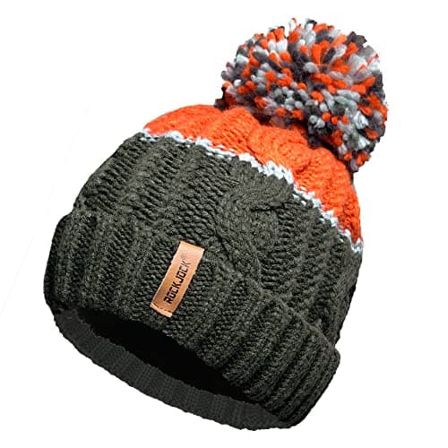 Image of RockJock Unisex Mens Ladies Warm Winter Chunky Colour Block Ski Bobble Pompom Hat with Cosy Thermal Teddy Fleece Liner-Olive/Orange