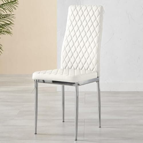 Image of Furniturebox UK Milan Dining Chair - Set of 4 or 6 Dining Chairs - Premium Dining Room Chairs - Contemporary & Luxurious Chrome Hatched Diamond Faux Leather Dining Seats (4x White Chairs)
