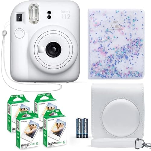 Image of Fujifilm Instax Mini 12 Instant Camera Clay White + Fuji Instax Film Value Pack (40 Sheets) + Shutter Accessories Bundle, Incl. Compatible Carrying Case, Quicksand Beads Photo Album 64 Pockets