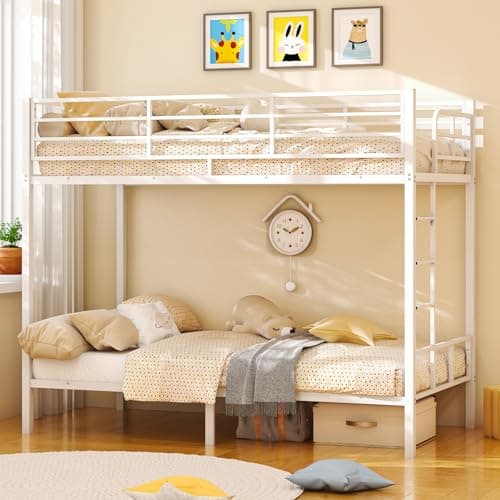 Image of Bonnlo Metal Bunk Bed, Single over Single Loft Bed Frame with 38cm High Full-Length Guardrail & Non-Slip Ladder, Space-Saving Twin Over Twin Bunk Bed, High Sleeper Bed Frame for Kid Teens Adults,White