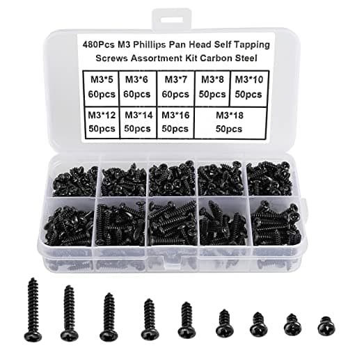 Image of FandWay 480Pcs Self Tapping Screws Black, M3 Small Wood Screws Kit, Round Head Self Drilling Screw, Pan Head Sheet Metal Screw Phillips/Cross Drive for DIY Woodwork Repairs