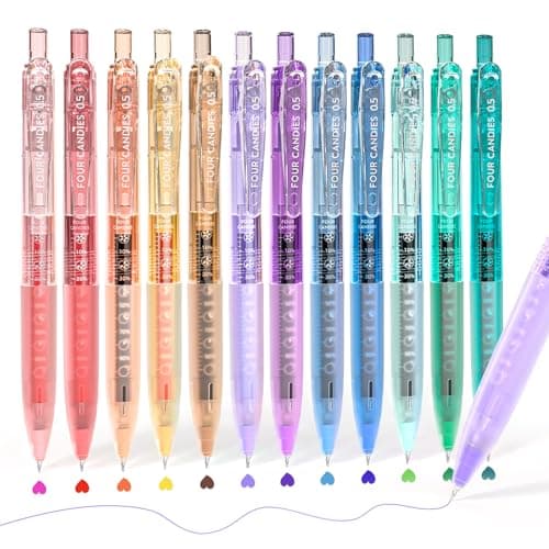 Image of Four Candies 12Pack 0.5mm Quick Dry Retractable Gel Pen Set, Cute Transparent Fine Point Multicolor Note Taking Aesthetic lnk Pens, Comfort Grip 12 Ink Colors Drawing Writing School Office Home