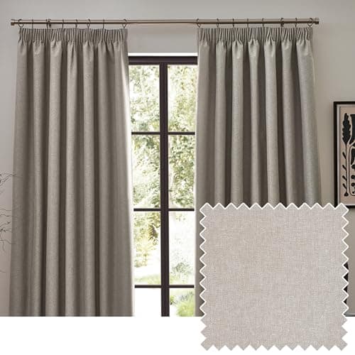 Image of furn. Dawn Textured Blackout Pencil Pleat Curtains – Thermal Lined Pair (Linen - Width 168 x Drop 183cm)