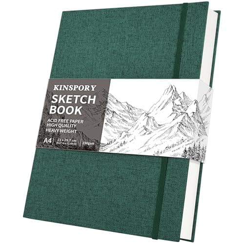 Image of KINSPORY Hardcover Cloth Sketchbook, Sketch Pad, 100 Pages (50 Sheets) 150gsm Professional Perforated Sketch Paper, Travel Drawing Pad for Artists, Adult, Teens (Green, A4)