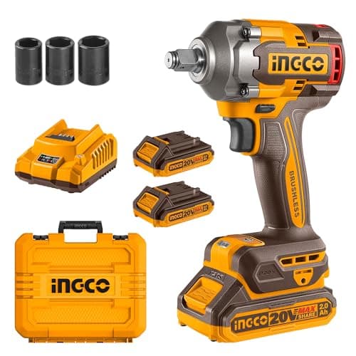 Image of Ingco Brushless Impact Wrench 400NM Nut-Busting Torque: 550Nm, 1/2" 20V Cordless Impact Gun, Variable Speed 2300RPM, 2900BPM with 2Pcs 2.0Ah Battery and 1Pcs Charger CIWLI2040