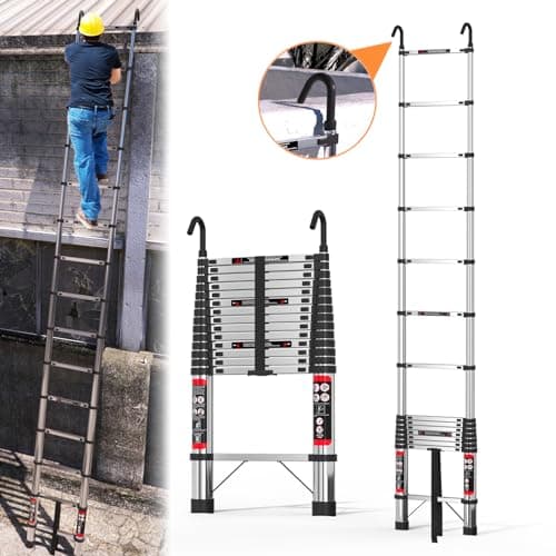 Image of Telescopic Ladder 5M/16.4FT Stainless Steel Extension Ladder with Detachable Hooks, 150KG Max Capacity Portable Multi Purpose Extendable Loft Ladder Portable Folding Ladder for Roof Attic Caravans