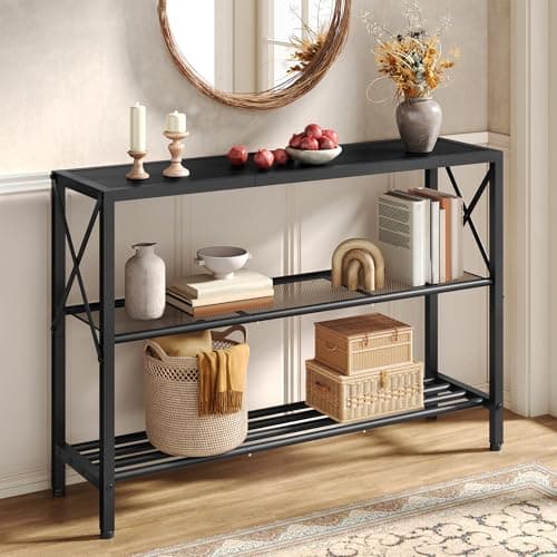 Image of Hoctieon Industrial Console Table, 3 Tier Entryway Table, Metal Frame, Sofa Table with Shelf, Hallway Table, Entrance Table for Entryway, Living Room, Foyer, Hallway, Black, Long