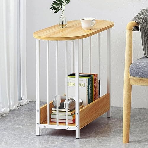 Image of Menaka Small Sofa Table Side End Table Oval with 2 Tiers Storage Shelf, Little Corner Coffee Table Wood with Metal Frame Tea Table Bedroom Beside Table Nightstand (Oval Walnut)