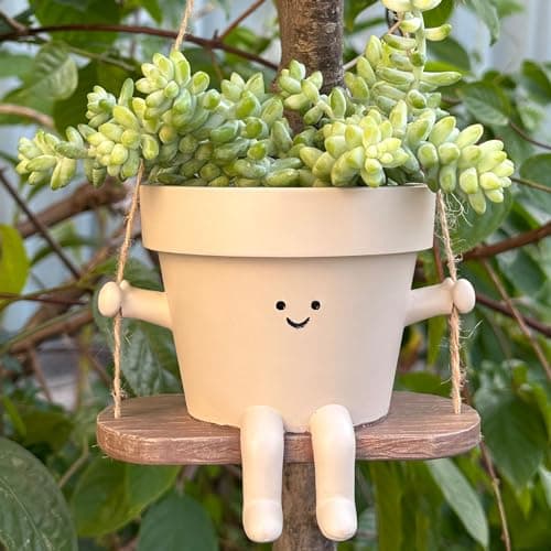Image of Swing Face Planter Pot Hanging Cute Flower Head Planters - Unique Sitting Sway Pots Indoor Outdoor Plants Succulent Pot String of Pearls Plant Live Resin Flower Pots Gift Ideals for Wife, Womens